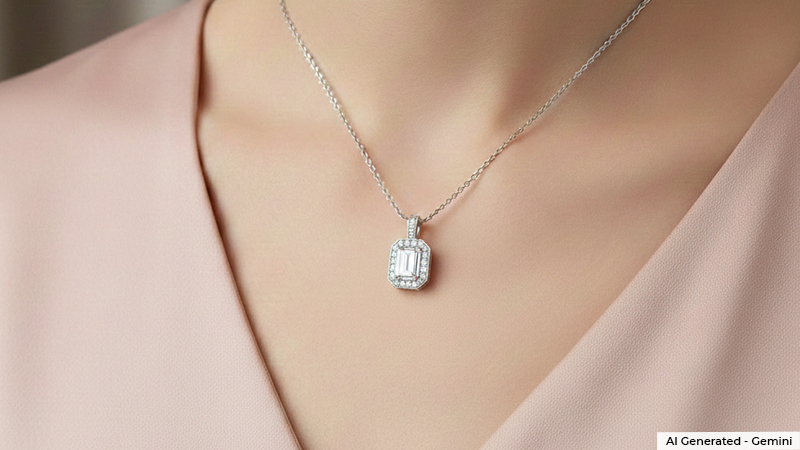 Model  wearing diamond pendant 