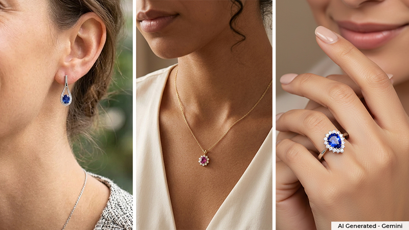 2-3 women wearing different gemstone jewelry