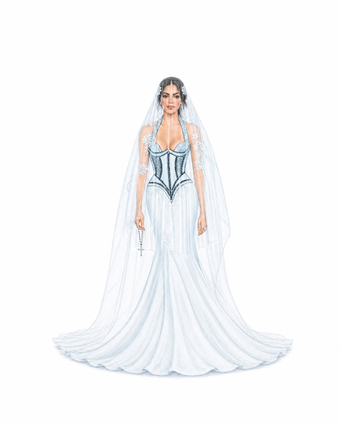 In a sketch, Georgina Rodríguez wears a sheer lace floral veil, corseted bustier, and corseted gown designed by Ludovic de Saint Sernin, inspired by her devotion to the Virgin of Fátima.