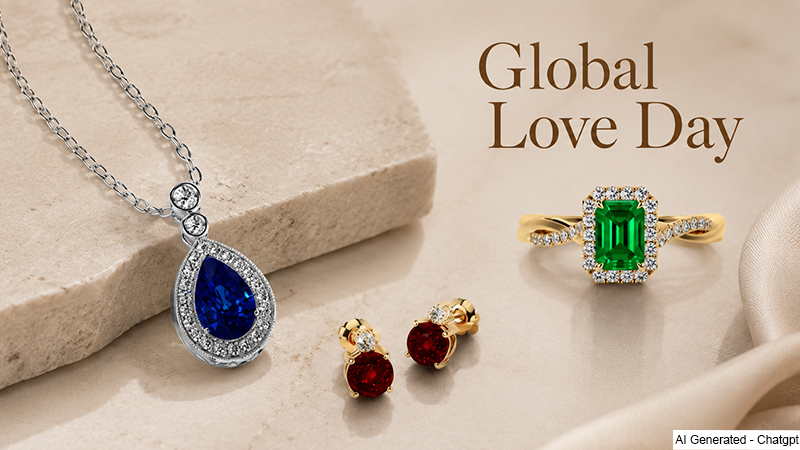 Jewelry set featuring a teardrop blue gemstone pendant, gold ring with green emerald, and red gemstone earrings beside a "Global Love Day" banner.