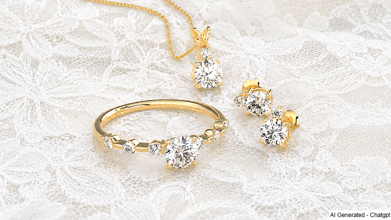 Gold jewelry set on white lace: a diamond solitaire ring, a matching pendant necklace, and diamond stud earrings on a delicate lace backdrop.