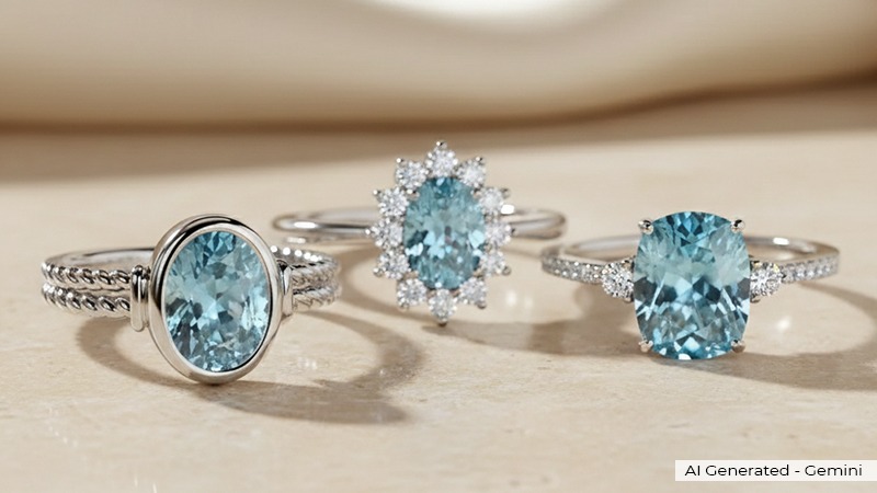 Three silver rings with blue gemstones on a light beige surface: an oval-cut stone with a two-tone band, a halo-diamond ring, and a cushion-cut blue gem on a slim band.