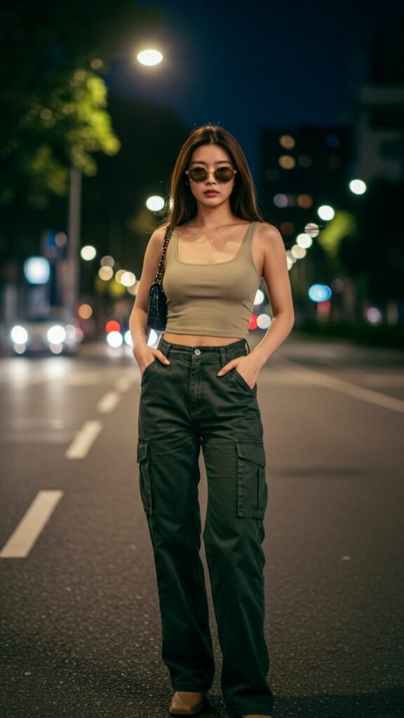 Woman posing on a city street at night in a beige crop top and olive green cargo pants, wearing sunglasses and a small shoulder bag by her side.