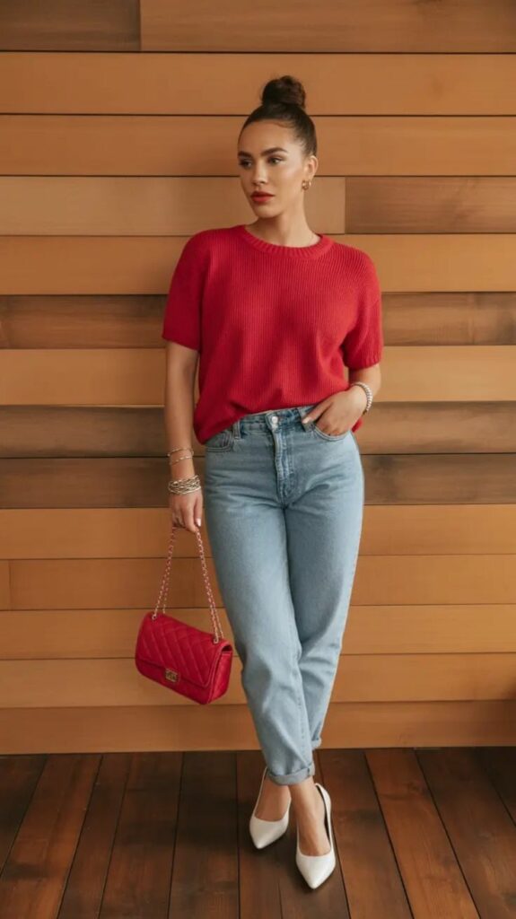 Woman in a red knit top, light-wash jeans, and white heels posing with a red quilted handbag against a wooden wall, hair in a bun and subtle makeup.