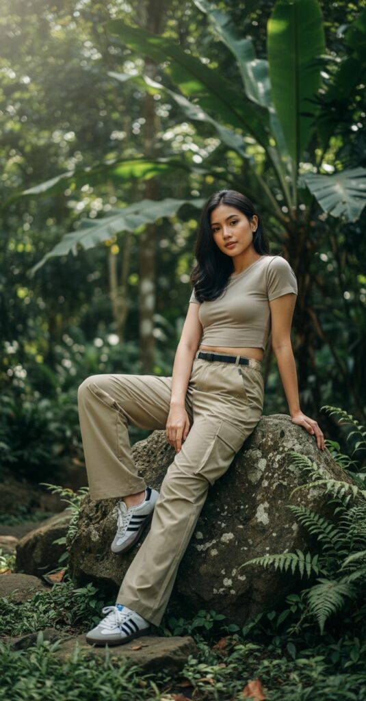 Woman in a beige cropped top and khaki cargo pants sits on a mossy rock in a lush tropical setting.