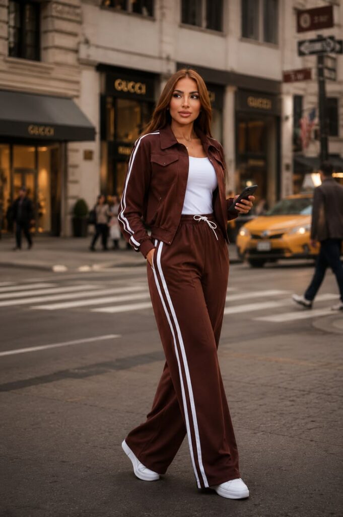 Stylish woman in a brown matching set with white stripes walks across a city street, holding a smartphone.