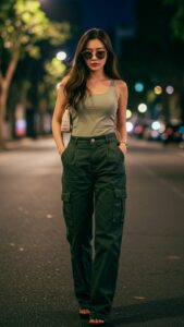 Woman walking at night in an urban street, wearing sunglasses, a beige tank top, green cargo pants, and carrying a small purse.