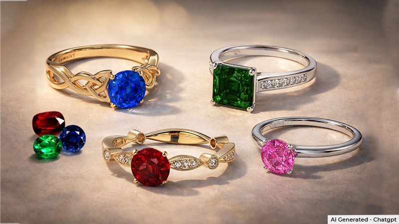 Collection of gold and silver Engagement Rings with large colorful gemstones on a neutral surface