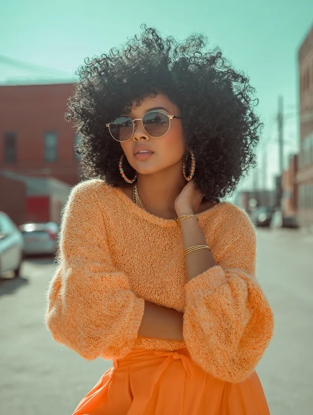 Peach Knit Sweater and Orange Skirt Outfit