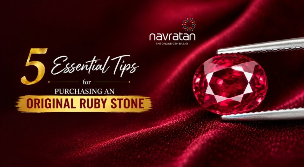 Navratan advertisement: '5 Essential Tips for Purchasing an Original Ruby Stone' with a ruby held by tweezers on red velvet.