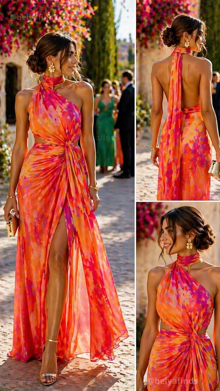 Woman in a sunset dress with a high slit, posing outdoors at a sunny event with a clutch in hand.
