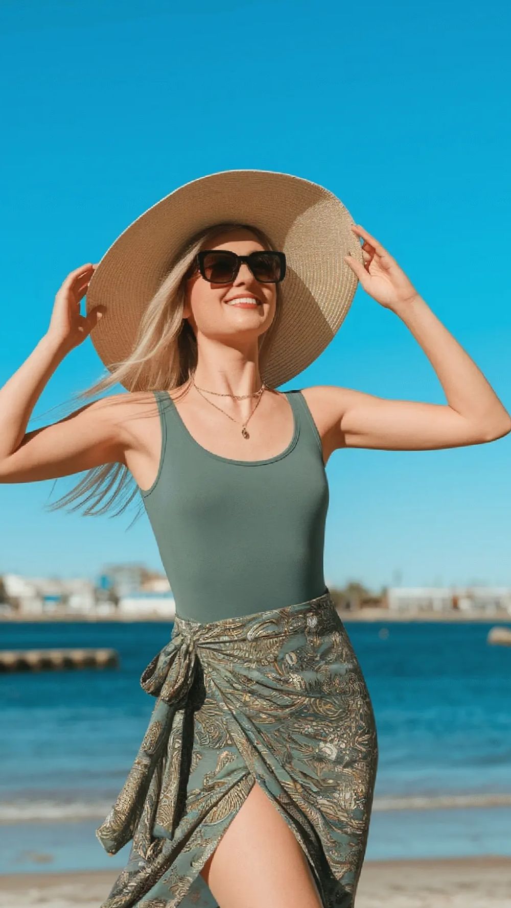 chic green wrap skirt and swimsuit
