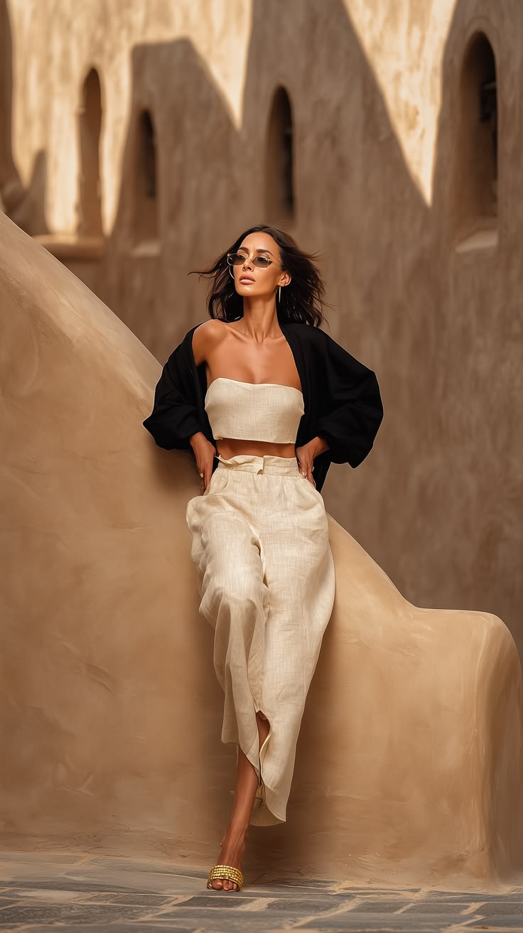 Fashion model posing in a beige two-piece Linen Wide-Leg Pants outfit with a black jacket, leaning against a curved adobe wall in a warm desert setting with sunglasses.