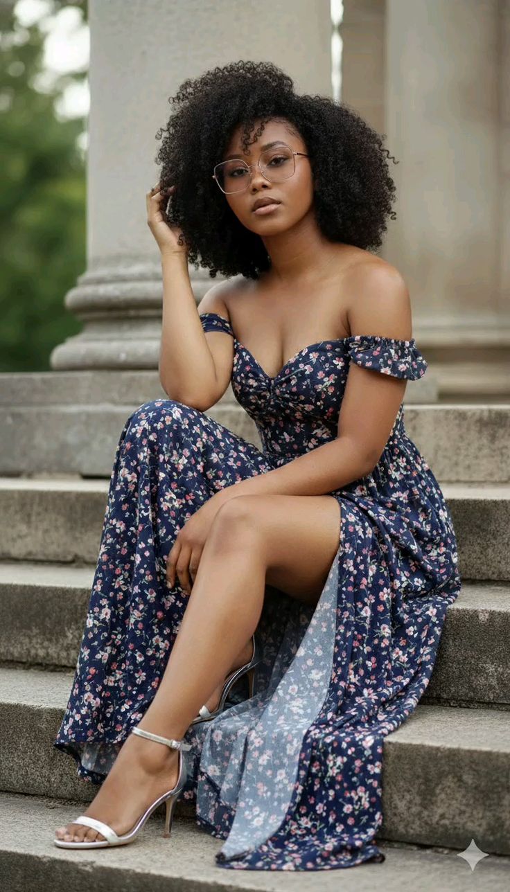 Woman sitting on stone steps outdoors, wearing a navy Floral Off-the-Shoulder Maxi Dress, glasses, and white heels.
