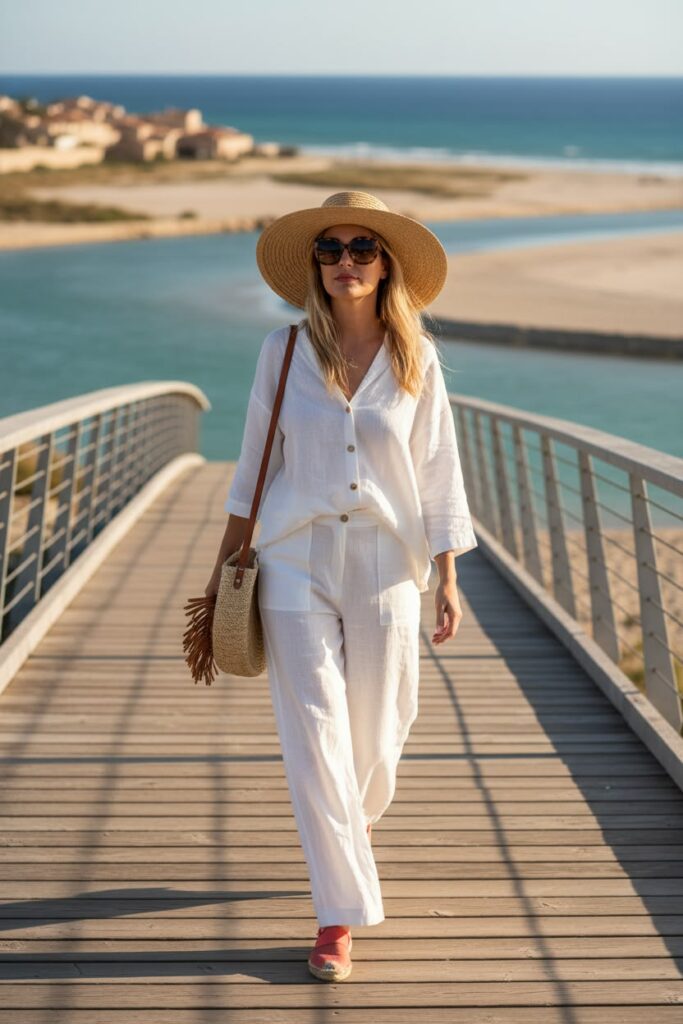 Woman in a white linen outfit and wide-brim straw hat walks on a wooden boardwalk by the sea, carrying a woven straw bag and wearing sunglasses.