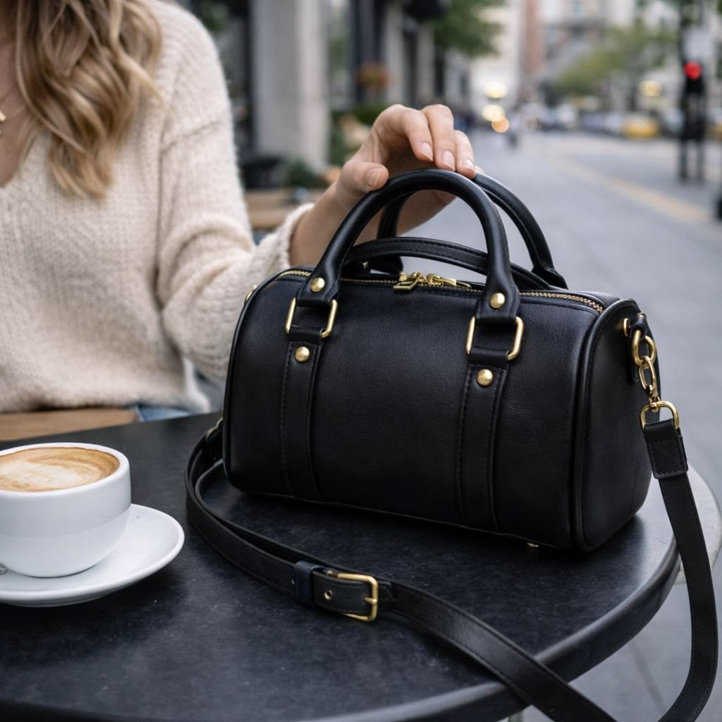 Black leather Barrel Bags with gold hardware on a table at an outdoor cafe, next to a cappuccino cup.