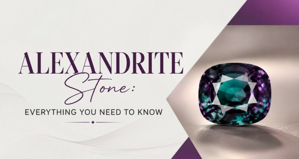 Banner with the title 'ALEXANDRITE Stone: Everything you need to know' and a purple‑green, faceted alexandrite gemstone on the right.