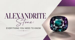 Banner with the title 'ALEXANDRITE Stone: Everything you need to know' and a purple‑green, faceted alexandrite gemstone on the right.