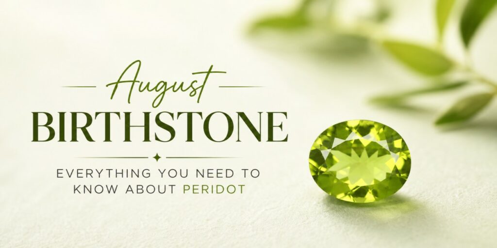 August birthstone Peridot: banner with a green gemstone and text 'Everything you need to know about Peridot' on a light background