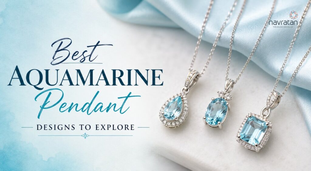 Navratan ad: Best Aquamarine Pendant designs to explore — three silver pendants with blue aquamarine stones on pale blue fabric.