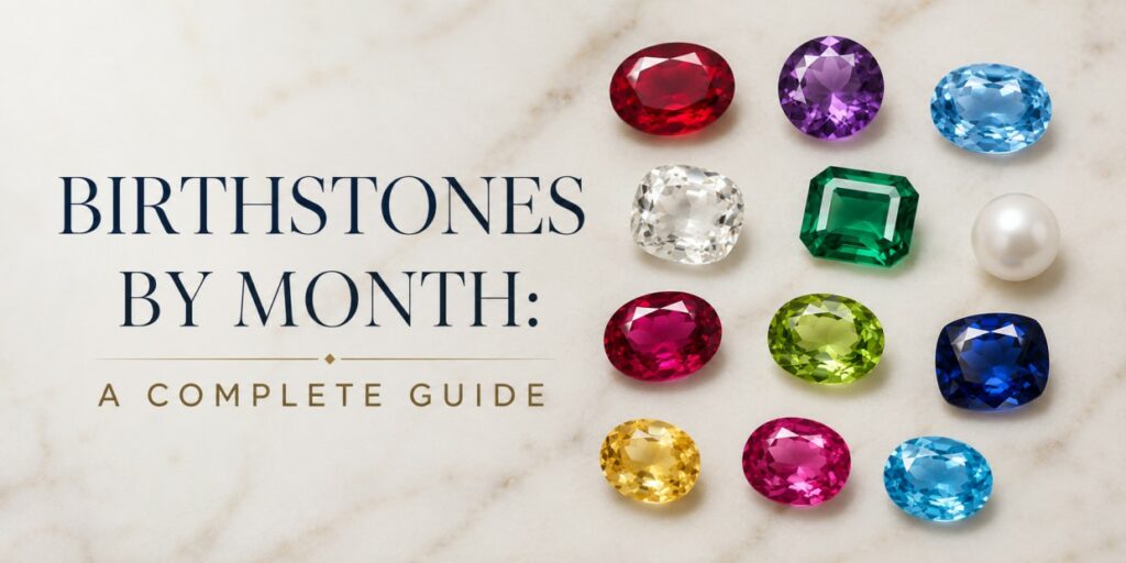 Birthstones by month title with a grid of colorful gemstones on the right and a marble background.