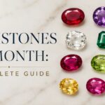 Birthstones by month title with a grid of colorful gemstones on the right and a marble background.