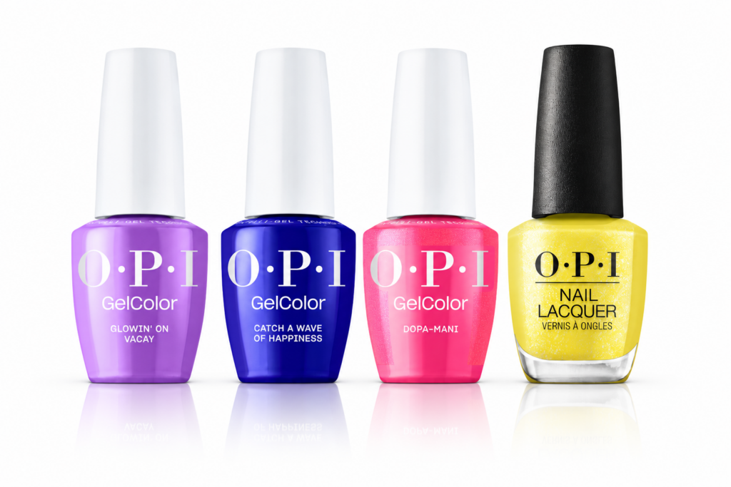 Four OPI GelColor bottles in violet, blue, pink, and yellow, standing in a row with white caps and reflections beneath.