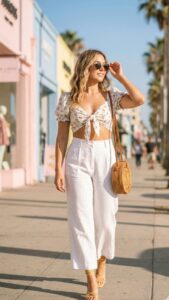 Woman walking on a sunny street in pastel storefronts, wearing a floral tied crop top, white wide-leg pants, sunglasses, and a round straw bag.
