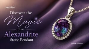 Purple satin background with a gem pendant framed by diamonds; advert text reads 'Discover the Magic of an Alexandrite Stone Pendant' and shows the navratan logo.