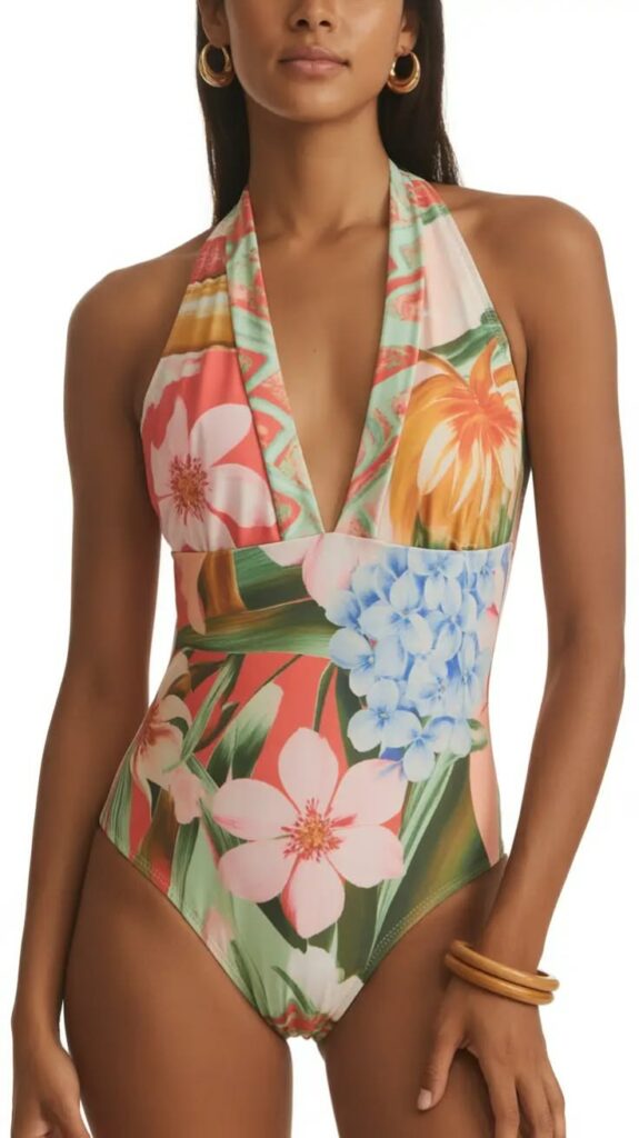 Colorful tropical floral halter-neck one-piece swimsuit on a model with gold hoop earrings and brown bracelets.