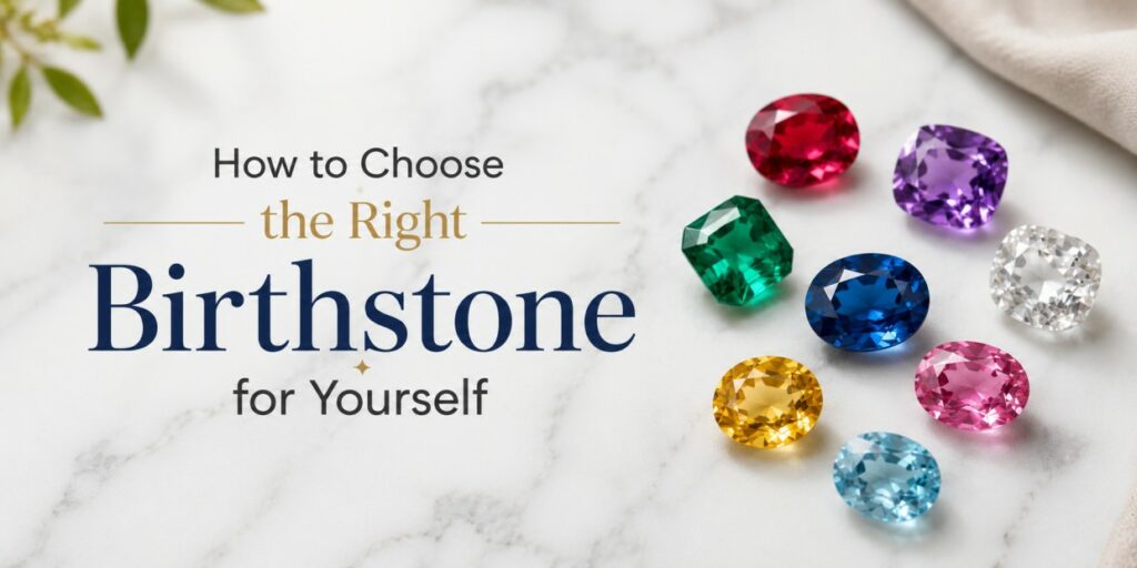 Hero banner with the title 'How to Choose the Right Birthstone for Yourself' and a cluster of colorful gems on a marble surface.