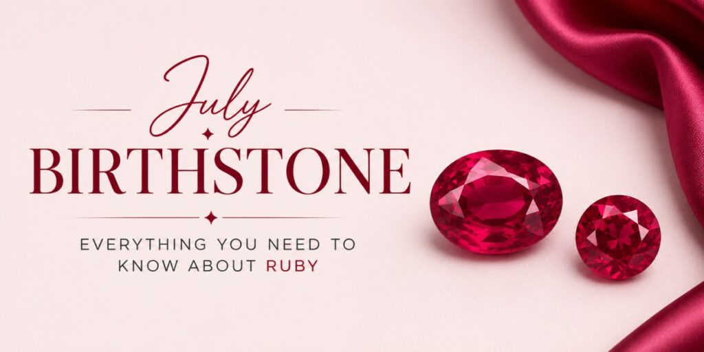 July birthstone: ruby; two red gemstones on pink background with elegant typography.