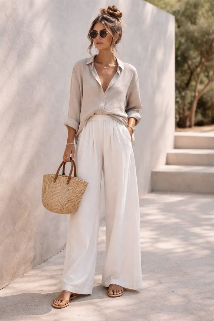 Woman in a light beige button-up blouse tucked into white wide-leg pants, holding a straw tote and wearing sunglasses outdoors.