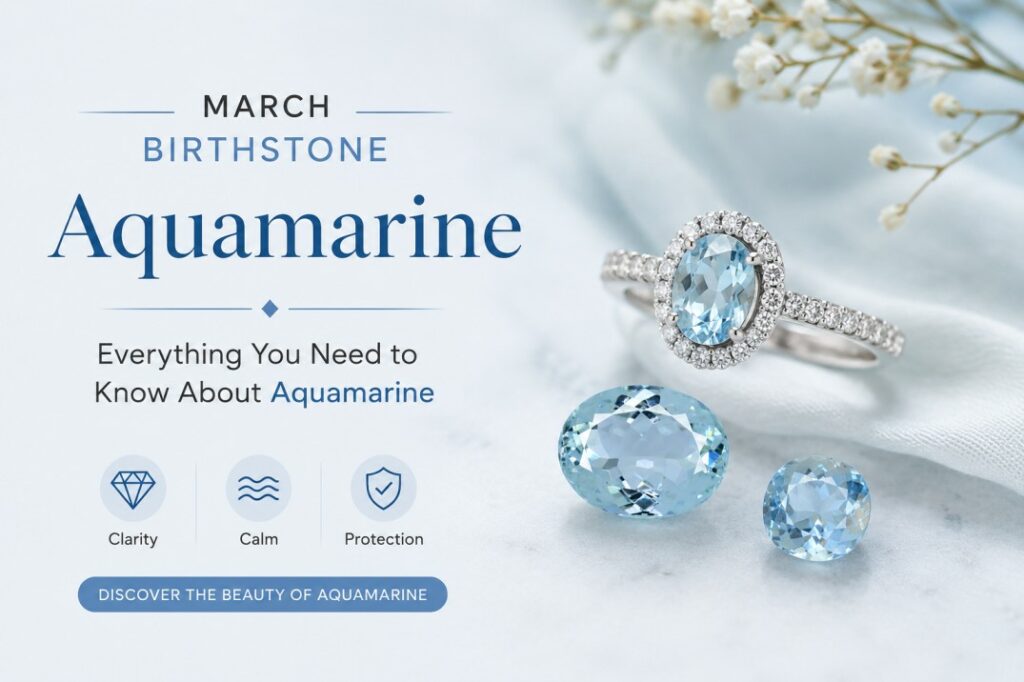 March birthstone aquamarine banner showing a silver ring with a halo of stones and blue aquamarine gems on a pale background with the text 'Aquamarine' and 'Discover the beauty of Aquamarine'.
