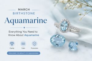 March birthstone aquamarine banner showing a silver ring with a halo of stones and blue aquamarine gems on a pale background with the text 'Aquamarine' and 'Discover the beauty of Aquamarine'.