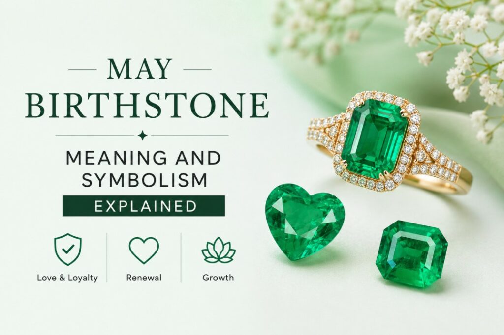 Graphic about May birthstone meaning and symbolism, featuring a gold ring with emeralds and green gems on a light background.