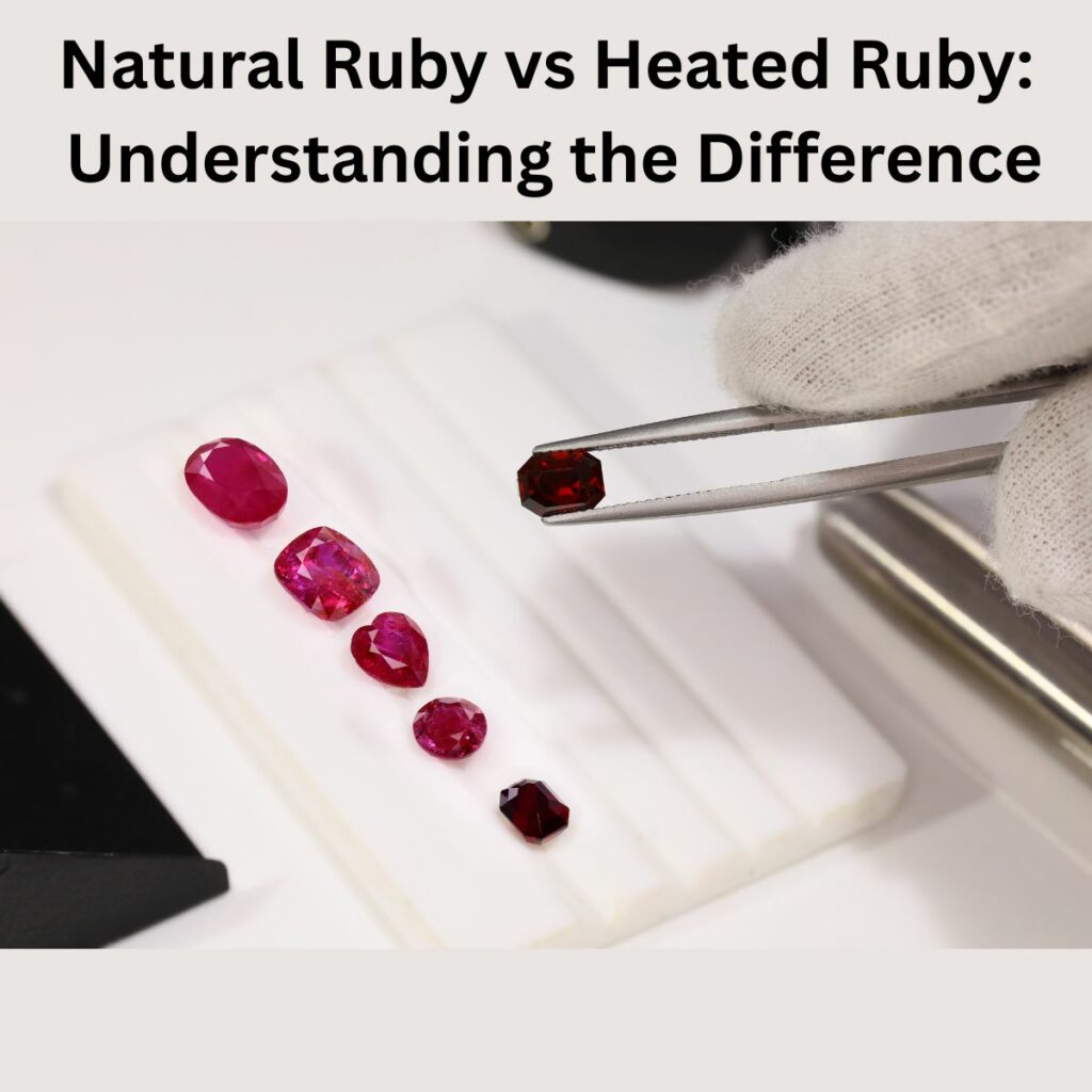 Gloved hand with tweezers holding a red ruby above a display of cut rubies; title reads 'Natural Ruby vs Heated Ruby: Understand the Difference'
