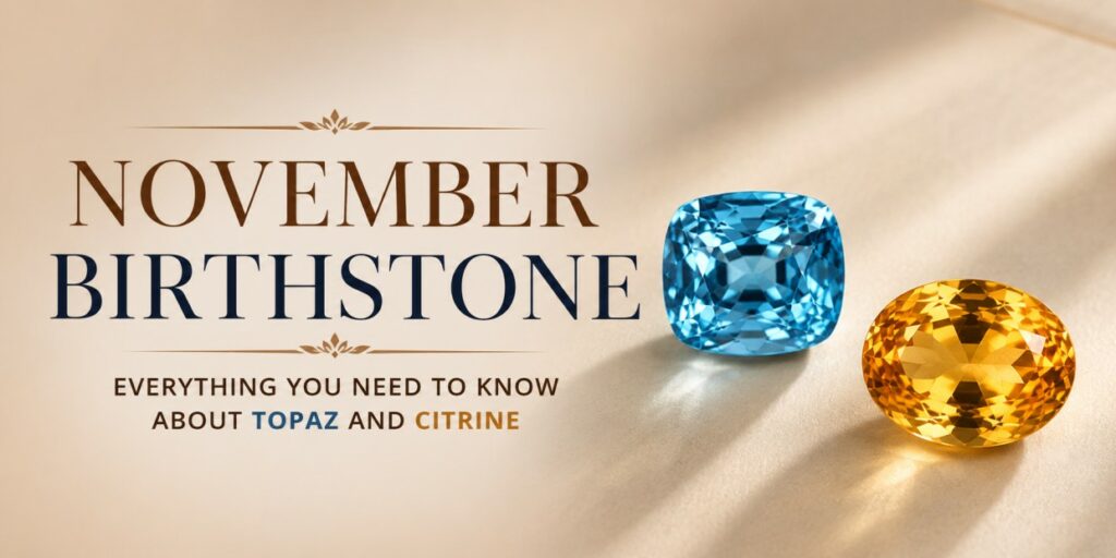 Graphic announcing November birthstone with blue topaz and yellow citrine beside the headline on a beige background