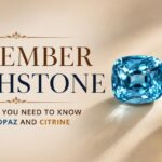 Graphic announcing November birthstone with blue topaz and yellow citrine beside the headline on a beige background