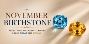 Graphic announcing November birthstone with blue topaz and yellow citrine beside the headline on a beige background