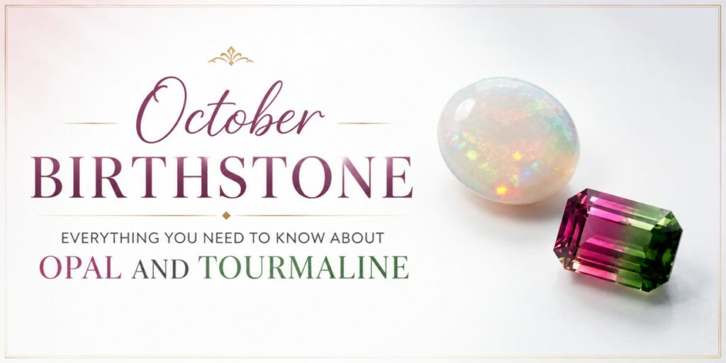 Announcement graphic for October birthday stone featuring opal (iridescent) and a pink-green tourmaline gemstone on a pale background, with decorative borders and text.