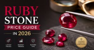 Promotional banner for a Ruby Stone Price Guide 2026 with red gemstones and a circular badge reading 'Complete guide for smart buyers'.