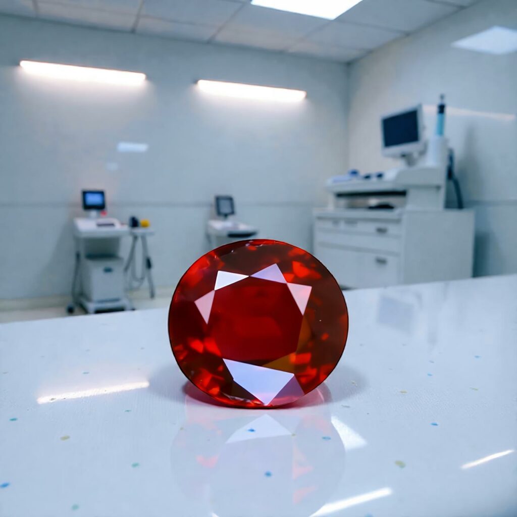 Red ruby stone crystal resting on a white lab bench with medical equipment blurred in the background, in a clinical room.