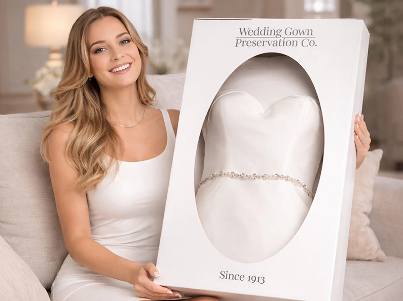 Model holding a wedding gown preservation kit