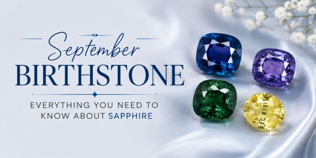 September birthstone sapphire guide: four colorful gems (blue, purple, green, yellow) on satin background with elegant typography