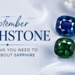 September birthstone sapphire guide: four colorful gems (blue, purple, green, yellow) on satin background with elegant typography
