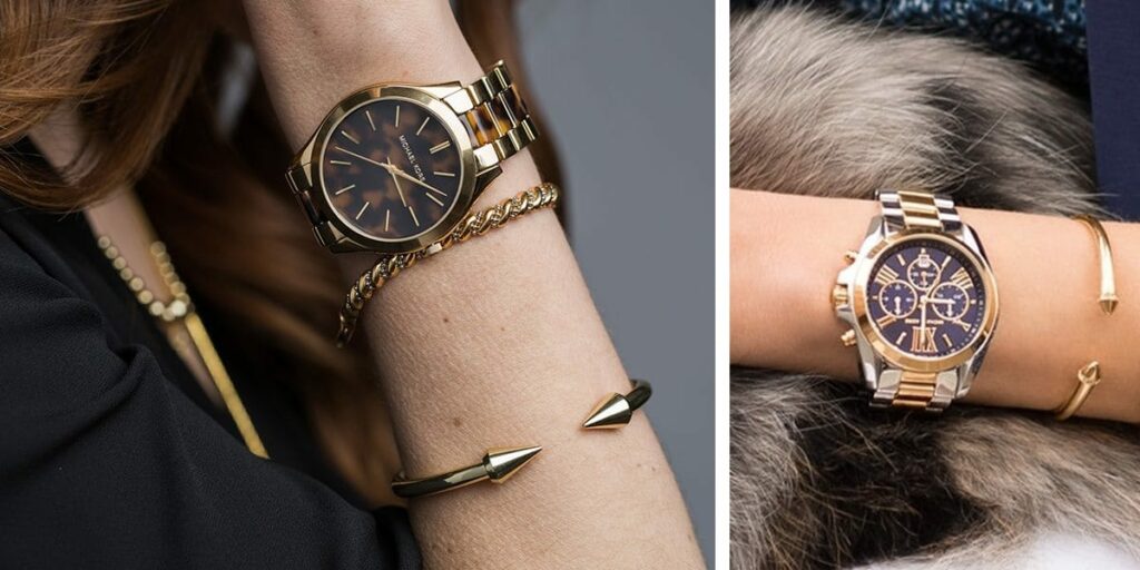 Two wrists display stylish jewelry: a gold-tone wristwatch with matching bracelets on dark fabric, left side close-up.