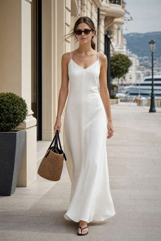 Woman in a white spaghetti-strap maxi dress walking on a sidewalk, carrying a woven straw tote and wearing sunglasses.