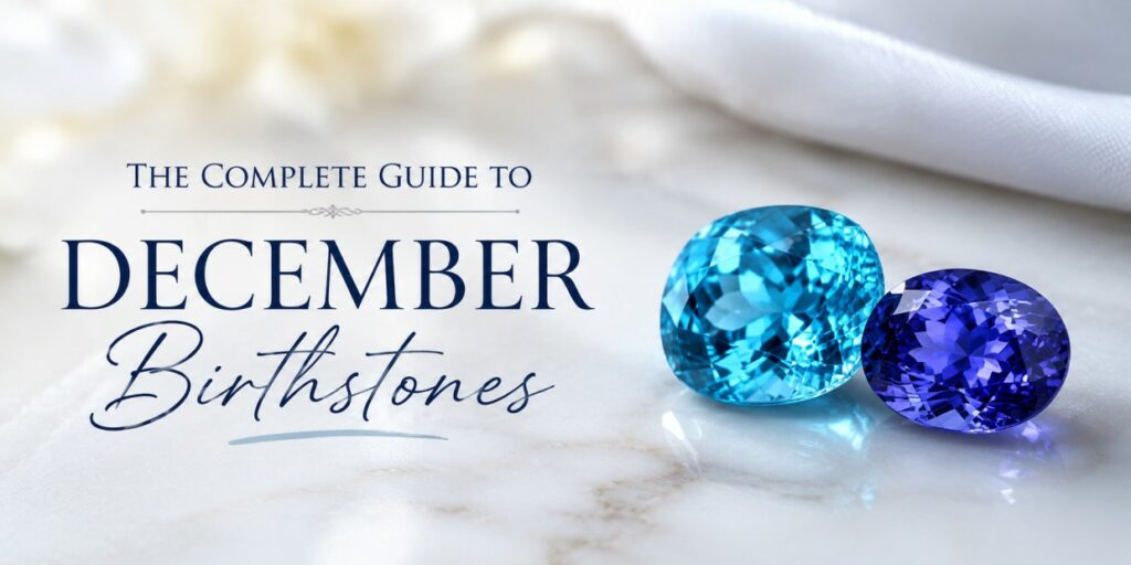 Promotional banner: 'The Complete Guide to December Birthstones' with blue and purple gemstones on a marble surface.