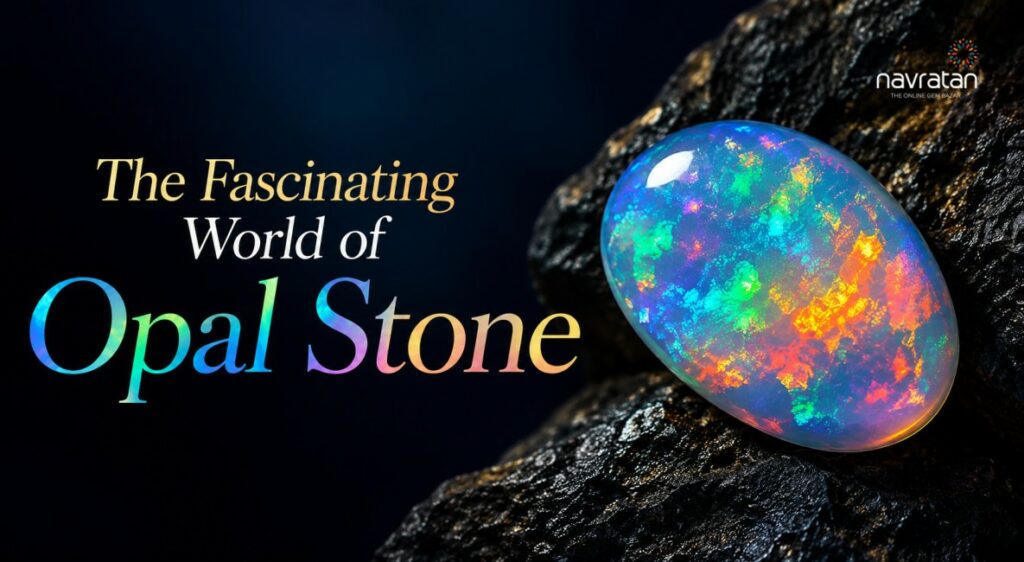 Promotional image featuring colorful opal stone on rock with the headline 'The Fascinating World of Opal Stone' and a Navratan logo in the corner.